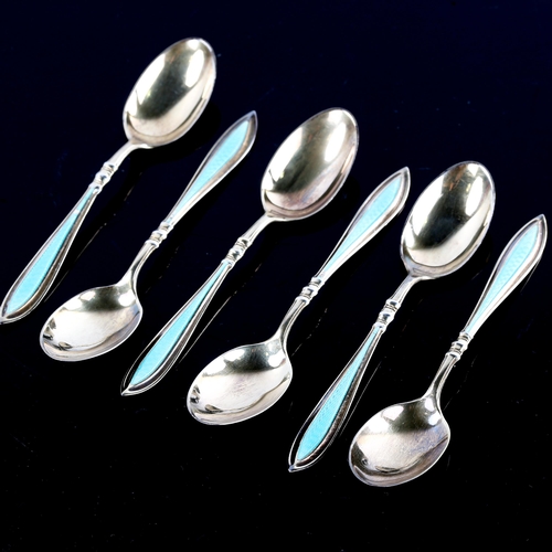 604 - A set of 6 George V Art Deco silver-gilt teal enamel teaspoons, by Docker & Burn Ltd, hallmarks Birm... 