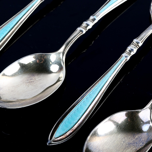 604 - A set of 6 George V Art Deco silver-gilt teal enamel teaspoons, by Docker & Burn Ltd, hallmarks Birm... 