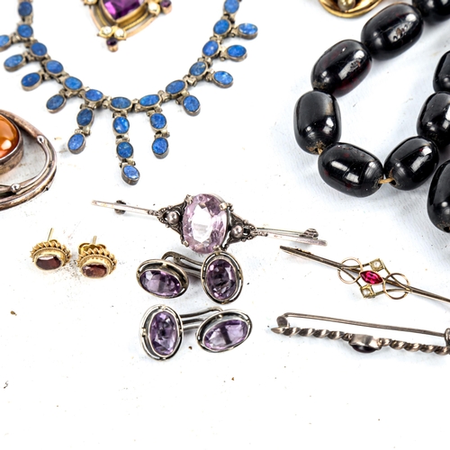 606 - Various jewellery, including Danish silver cufflinks, 9ct gold bar brooch, a pair of 9ct gold garnet... 