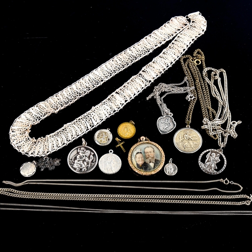 607 - Various jewellery, including silver St Christopher pendants, Continental unmarked white metal filigr... 