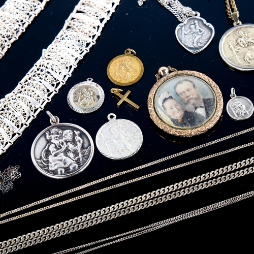 607 - Various jewellery, including silver St Christopher pendants, Continental unmarked white metal filigr... 