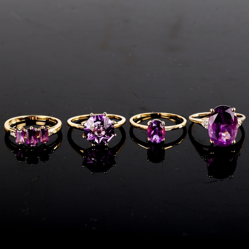 608 - 4 x modern 9ct gold amethyst dress rings, sizes M, and N x 3, 8.7g total (4)