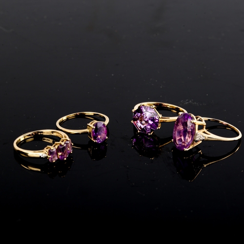 608 - 4 x modern 9ct gold amethyst dress rings, sizes M, and N x 3, 8.7g total (4)