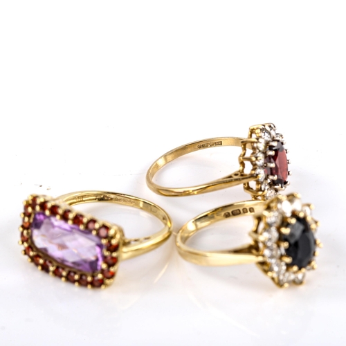 609 - 4 x 9ct gold gem set cluster rings, sizes L, M, N and P, 11.2g total (4)