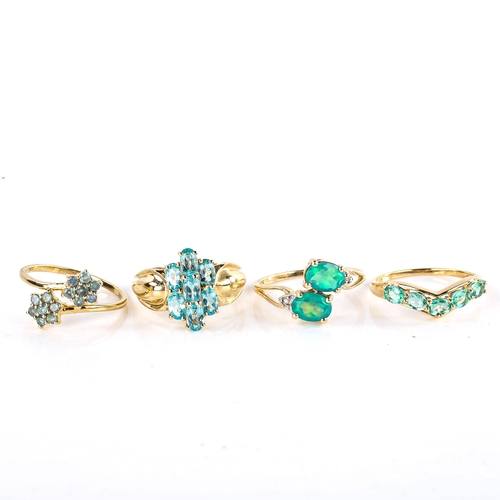 610 - 4 x 9ct gold gem set dress rings, sizes M, N x 2, and O, 8.4g total (4)