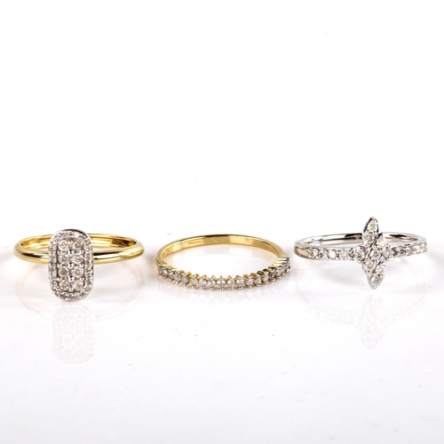 611 - 3 modern 9ct gold diamond dress rings, all size N, 4.6g total (3)