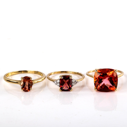 613 - 3 x modern 9ct gold gem set dress rings, sizes N, O and R, 7.4g total (3)