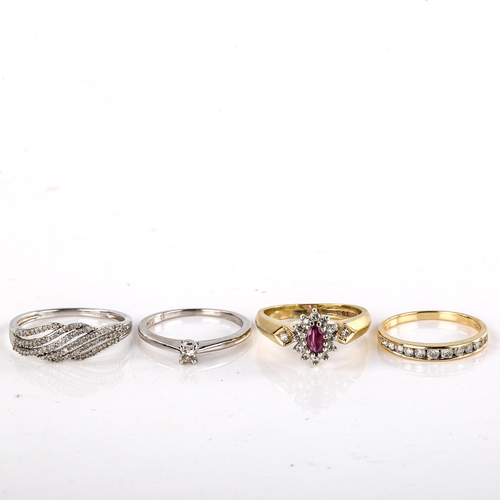 614 - 4 x 9ct gold diamond dress rings, sizes I, J x 2, and N, 7.7g total (4)