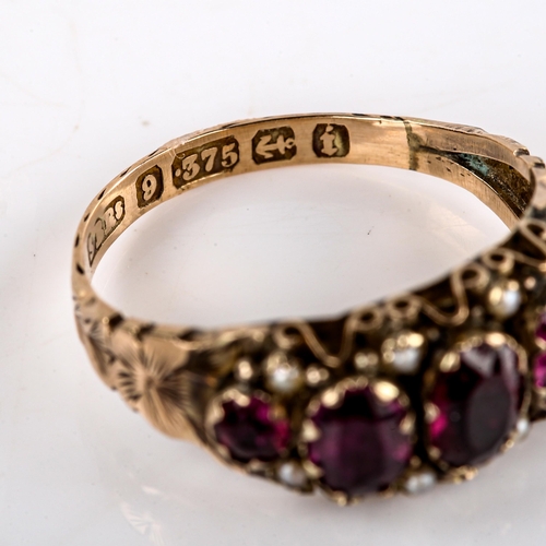 617 - A Victorian 9ct gold garnet and pearl half hoop ring, set with oval mixed-cut garnets and floral eng... 