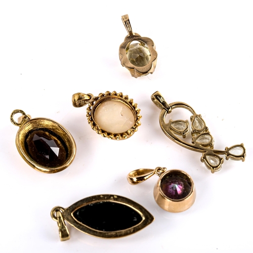 618 - Various 9ct gold gem set pendants, including opal, amber, mystic topaz etc, 12.6g total (6)