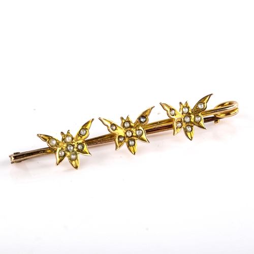 620 - A Victorian unmarked gold and split-pearl triple butterfly bar brooch, brooch length 44.6mm, 1.7g