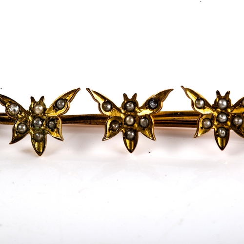 620 - A Victorian unmarked gold and split-pearl triple butterfly bar brooch, brooch length 44.6mm, 1.7g