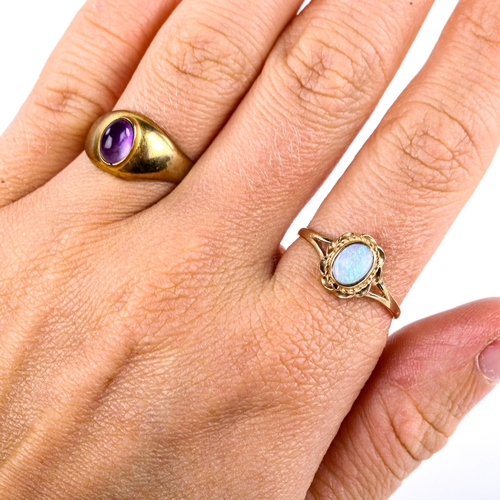 622 - A late 20th century 9ct gold cabochon opal dress ring, and an 8ct gold cabochon amethyst ring, sizes... 