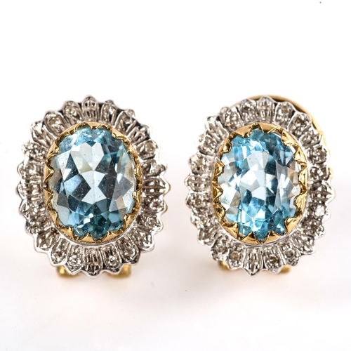 625 - A modern pair of 9ct gold blue topaz and diamond cluster earrings, with English lock fittings, setti... 