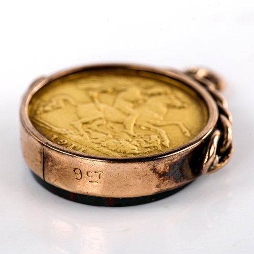 626 - A 1911 half sovereign gold coin, in 9ct rose gold fob with bloodstone panel, fob height 26.1mm, 8.7g... 