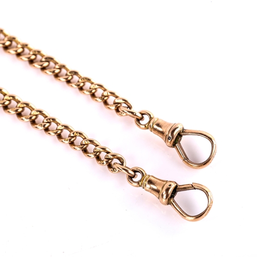 627 - An Antique 9ct rose gold graduated curb link double-Albert chain necklace, with 2 dog clips, necklac... 