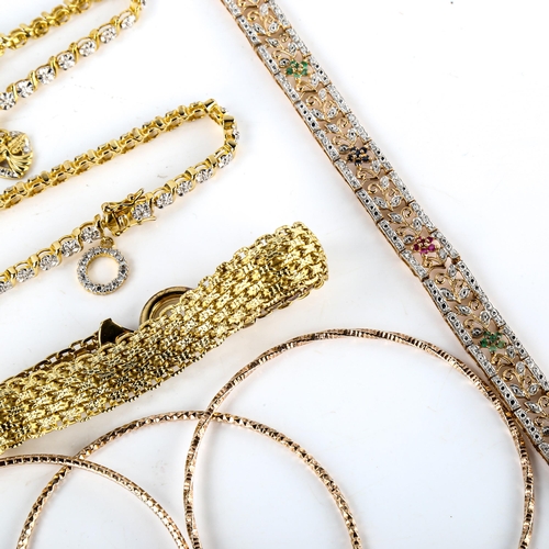 641 - 8 gold plated silver bracelets and bangles, including diamond set example, 82g gross