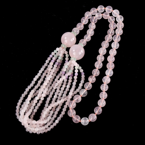 642 - A polished rose quartz jade and amethyst bead necklace, necklace length 76cm, 124.7g