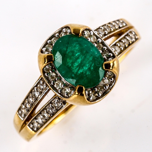 658 - A modern 18ct gold emerald and diamond halo cluster dress ring, by Iliana, set with oval mixed-cut e... 