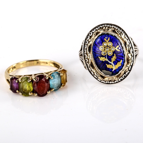 659 - A modern 9ct gold gem set dress ring, size P, 2.8g, and a Continental unmarked silver and enamel bom... 