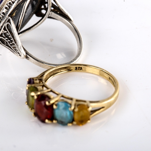 659 - A modern 9ct gold gem set dress ring, size P, 2.8g, and a Continental unmarked silver and enamel bom... 