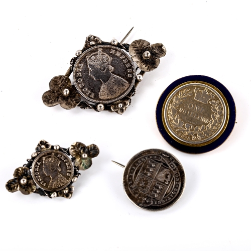 660 - Various British coin jewellery, including 1875 shilling with blue enamel frame, 34.4g total (4)