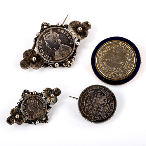 660 - Various British coin jewellery, including 1875 shilling with blue enamel frame, 34.4g total (4)