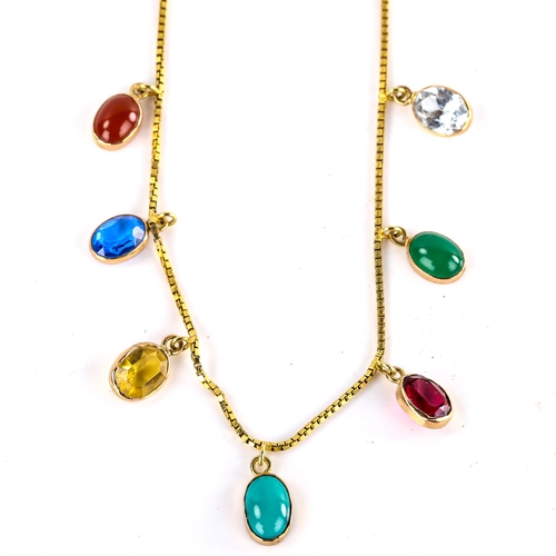 662 - A modern 14ct gold gem set fringe necklace, on box link chain, necklace length 44cm, 7.2g