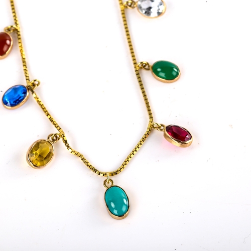 662 - A modern 14ct gold gem set fringe necklace, on box link chain, necklace length 44cm, 7.2g