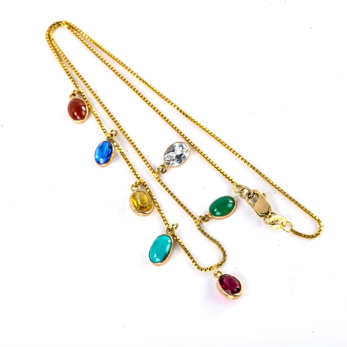 662 - A modern 14ct gold gem set fringe necklace, on box link chain, necklace length 44cm, 7.2g