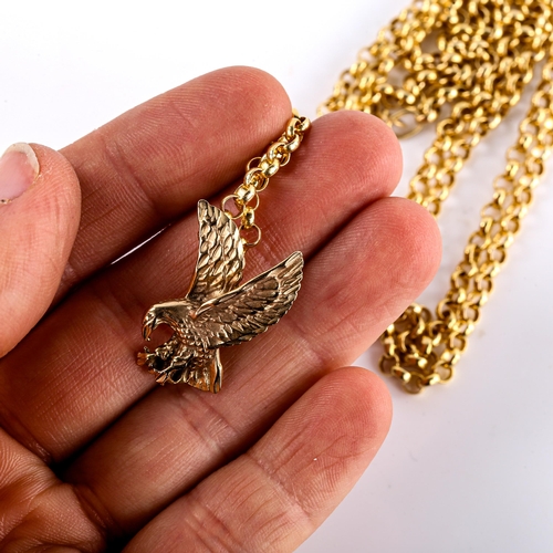 664 - A modern Italian 9ct gold figural golden eagle pendant necklace, on 9ct belcher link chain, pendant ... 