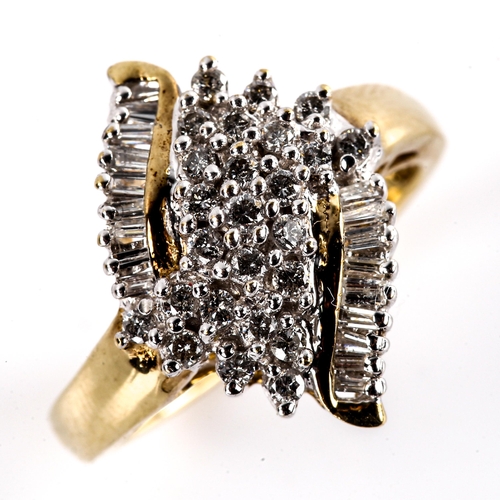 667 - A modern 9ct gold diamond marquise cluster dress ring, set with round brilliant and baguette-cut dia... 