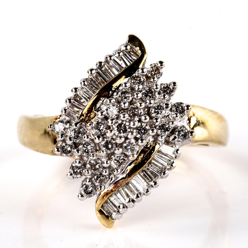 667 - A modern 9ct gold diamond marquise cluster dress ring, set with round brilliant and baguette-cut dia... 