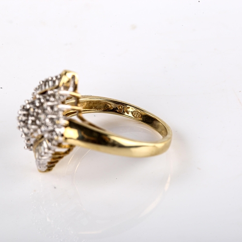 667 - A modern 9ct gold diamond marquise cluster dress ring, set with round brilliant and baguette-cut dia... 