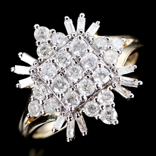 672 - A modern 9ct gold diamond snowflake cluster dress ring, set with modern round brilliant and baguette... 