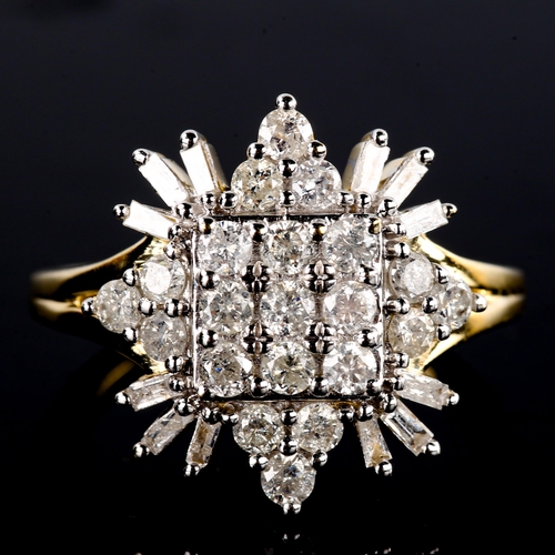 672 - A modern 9ct gold diamond snowflake cluster dress ring, set with modern round brilliant and baguette... 