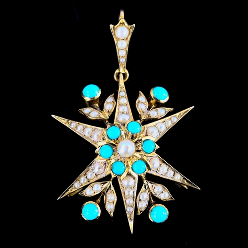 673 - A Victorian 15ct gold turquoise and pearl 6 rayed star pendant/brooch, set with round cabochon turqu... 