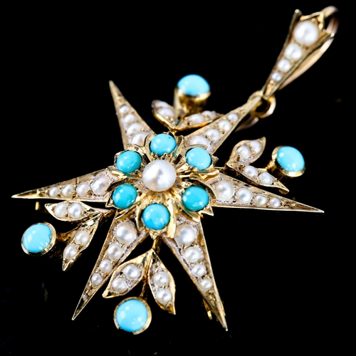 673 - A Victorian 15ct gold turquoise and pearl 6 rayed star pendant/brooch, set with round cabochon turqu... 