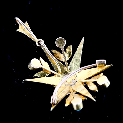 673 - A Victorian 15ct gold turquoise and pearl 6 rayed star pendant/brooch, set with round cabochon turqu... 