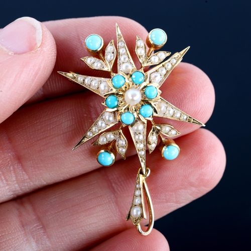 673 - A Victorian 15ct gold turquoise and pearl 6 rayed star pendant/brooch, set with round cabochon turqu... 