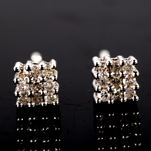 674 - A pair of modern 9ct white gold diamond square cluster stud earrings, set with single-cut diamonds, ... 