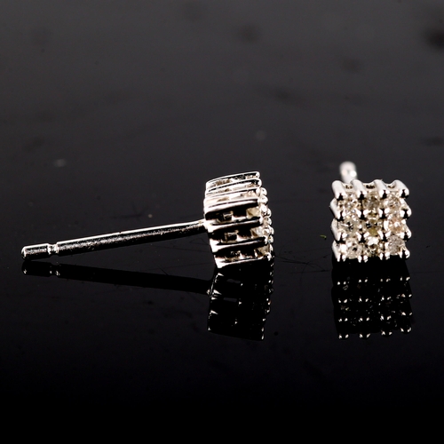 674 - A pair of modern 9ct white gold diamond square cluster stud earrings, set with single-cut diamonds, ... 