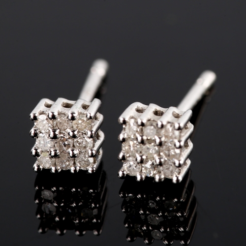 674 - A pair of modern 9ct white gold diamond square cluster stud earrings, set with single-cut diamonds, ... 