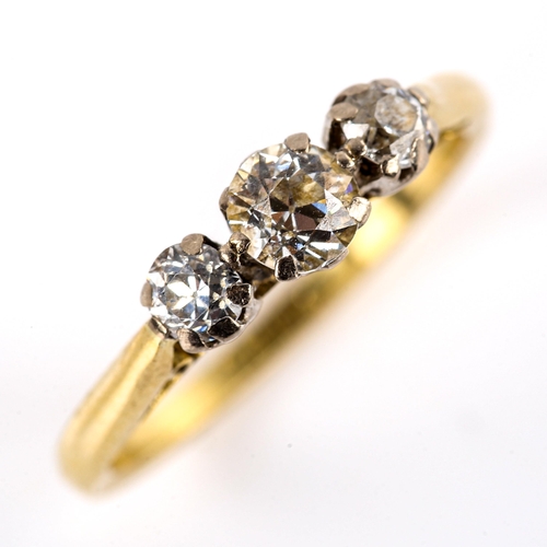 677 - A mid-20th century 18ct gold 3-stone diamond ring, set with old European-cut diamonds, total diamond... 