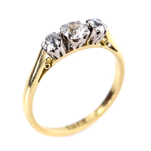 677 - A mid-20th century 18ct gold 3-stone diamond ring, set with old European-cut diamonds, total diamond... 