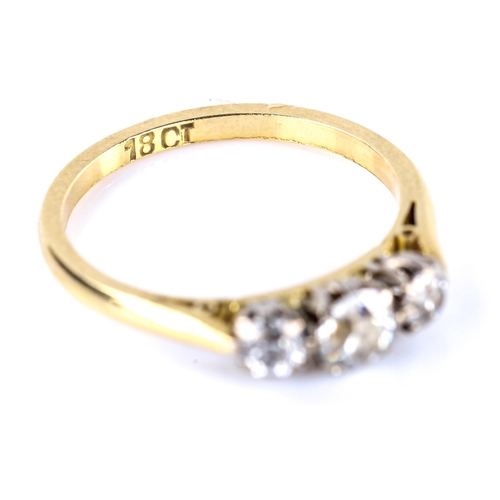 677 - A mid-20th century 18ct gold 3-stone diamond ring, set with old European-cut diamonds, total diamond... 