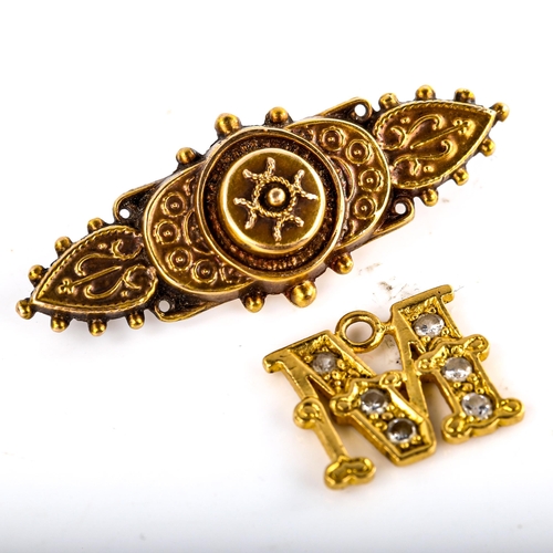 683 - A late Victorian 15ct gold Etruscan brooch, hallmarks Birmingham 1900, length 37.5mm, 1.8g, and an u... 