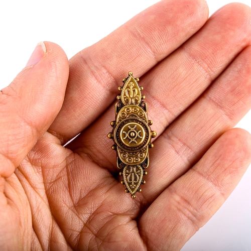 683 - A late Victorian 15ct gold Etruscan brooch, hallmarks Birmingham 1900, length 37.5mm, 1.8g, and an u... 