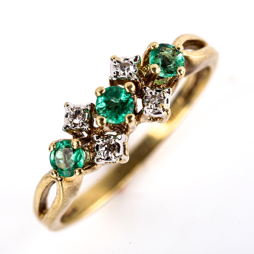 684 - A modern 9ct gold emerald and diamond dress ring, set with round-cut emeralds and single-cut diamond... 