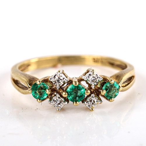 684 - A modern 9ct gold emerald and diamond dress ring, set with round-cut emeralds and single-cut diamond... 